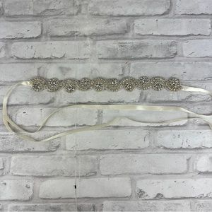Rhinestone Bridal Belt Sash Off White Cream Colored Satin Ribbon